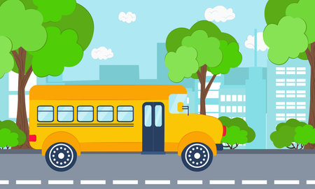 School bus rides along the road, buildings and trees in the background. Back to schoolのイラスト素材