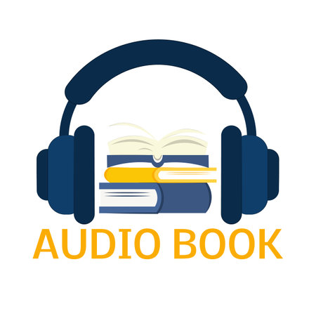 Audiobooks with headphones and text. Vector flat illustration. Headset concept with stack of books, idea of listening to podcasts, electronic education, study, digital online books.のイラスト素材