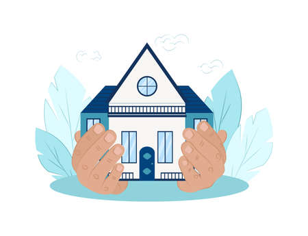 vector illustration of home security, real estate. Insurance policy services concept. Drawn house in hands flat styleのイラスト素材