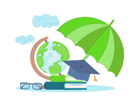 Security and protection of education concept. Risk management sign, education insurance concept. Books, globe and glasses under an umbrella. Vector illustration in flat style.のイラスト素材
