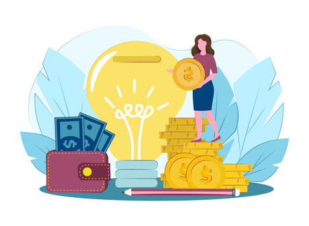 concept of financial contribution to innovation. Venture capital, investment, financing, big profit, gold coins, startup, money growth. Vector flat illustration. Business woman invests in new idea.のイラスト素材