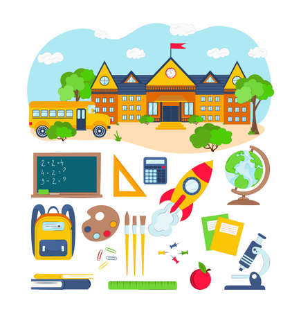 school supplies on a white background. vector illustration. Back to school concept. objects for high school student. Infographic elements for web, presentation.のイラスト素材