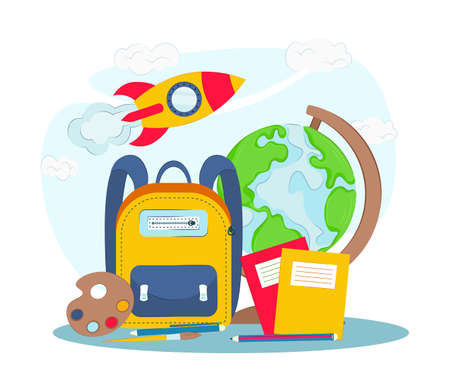school supplies on a white background. vector illustration. Back to school concept. objects for high school student. Infographic elements for web, presentation.のイラスト素材