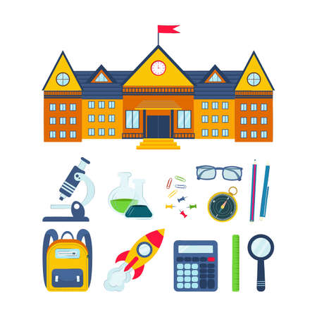 school supplies on a white background. vector illustration. Back to school concept. objects for high school student. Infographic elements for web, presentation.のイラスト素材