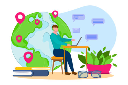 Global outsourcing concept. People work with laptop computer, online business communication. Vector flat illustration.のイラスト素材