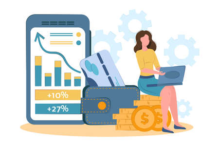 freelancer girl sits on money and works online. business woman works at a laptop. Financial independence. money onlineのイラスト素材