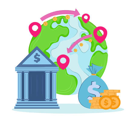 Fast money transfers around the world. Vector flat illustration. Worldwide transfer of Bank funds. Cash transactions.のイラスト素材