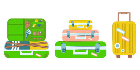 A set of suitcases for travel. Vector flat illustration. Suitcase open, closed and three in a pile. Rest, travel. Luggage bags.のイラスト素材