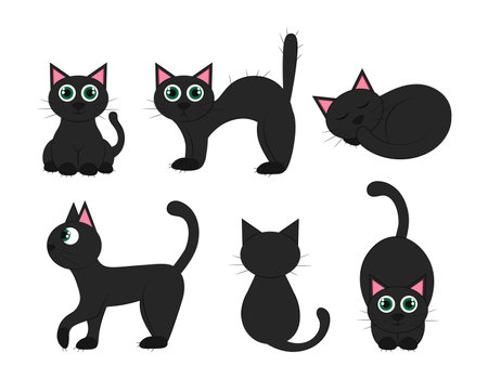 black cat in different positions: lies, sits, sleeps, hisses. View animal from front, side, back and sitting. Vector flat illustration. Set black cats for Halloween.のイラスト素材