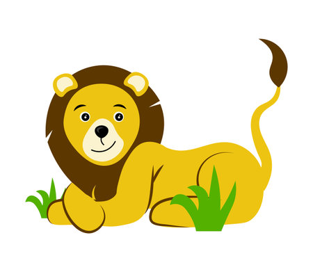 A cute lion lies in the grass. vector flat illustration. Wild animal.のイラスト素材