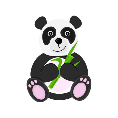 The panda is eating bamboo. Vector flat illustration. One animal isolated on a white background.のイラスト素材