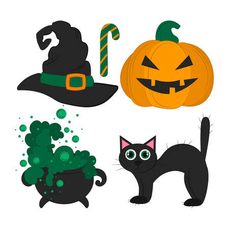 Happy Halloween. Vector flat illustration. Holiday symbols.のイラスト素材