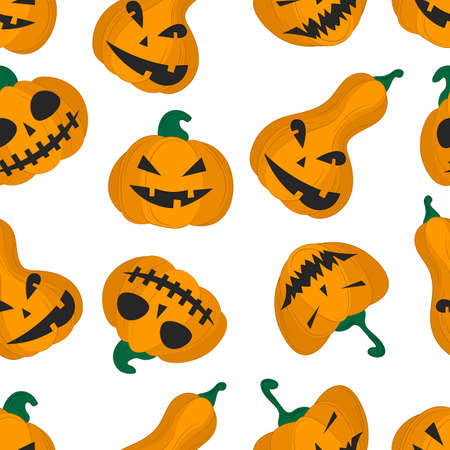 Seamless pattern Halloween pumpkin on a white background. Vector flat illustration. wallpapers, textiles, banners design. Festive theme - pumpkin with smile.のイラスト素材