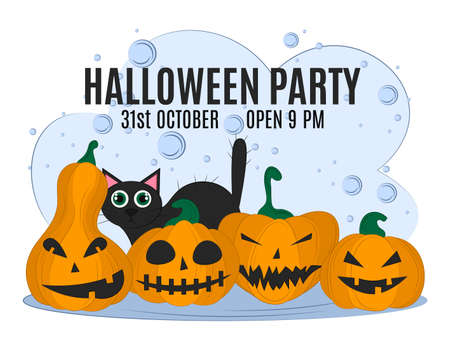 Invitation card for Halloween party. Cartoon characters in the style of flat black cat and pumpkin. Vector illustration. Halloween Party Design template and place for text.のイラスト素材