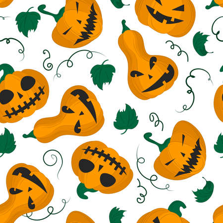 Seamless pattern Halloween pumpkin on a white background. Vector flat illustration. wallpapers, textiles, banners design. Festive theme - pumpkin with smile.のイラスト素材