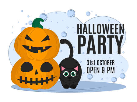 Invitation card for Halloween party. Cartoon characters in the style of flat black cat and pumpkin. Vector illustration. Halloween Party Design template and place for text.のイラスト素材