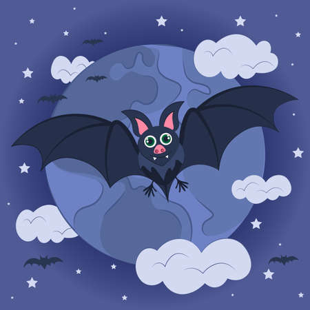 Background bat and moon with clouds. Vector illustration. Halloween night background. October holiday banner. Flying bat.のイラスト素材