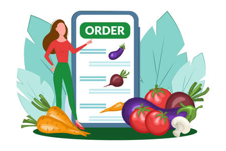 concept of ordering food by phone. Can be used for advertisements, infographics or mobile apps. online vegetarian food store. woman buys vegetablesのイラスト素材