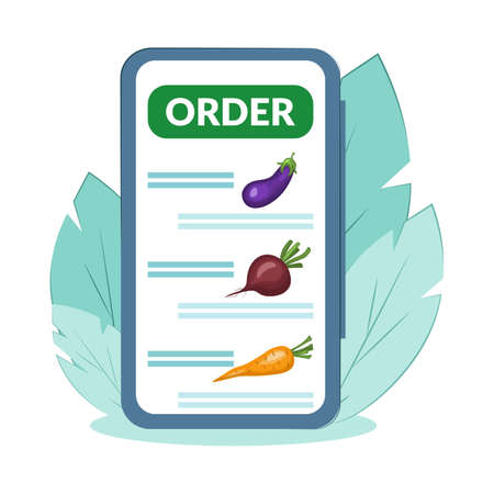 concept of ordering food by phone. Can be used for advertisements, infographics or mobile apps. online vegetarian food storeのイラスト素材