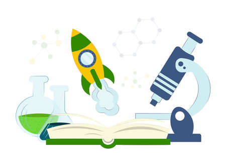 Open book and subjects of science. The concept of modern education, research success. Vector flat illustration eps10のイラスト素材