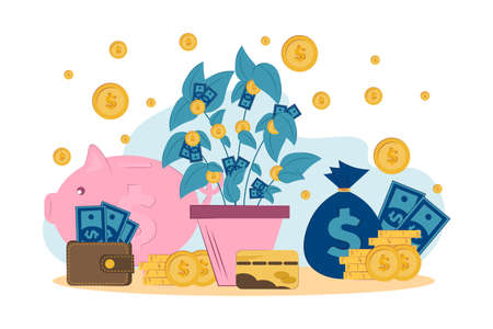 money tree and its fruits. Types of money storage. Vector flat illustration. Financial success.のイラスト素材