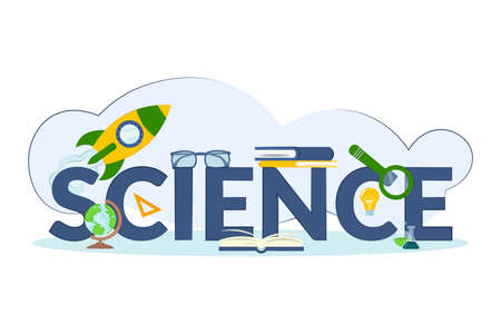 Science technology concept. Design science word lettering with objects and elements for presentation title, illustration, infographic, print, book cover, website banner. Vector flat illustration.のイラスト素材