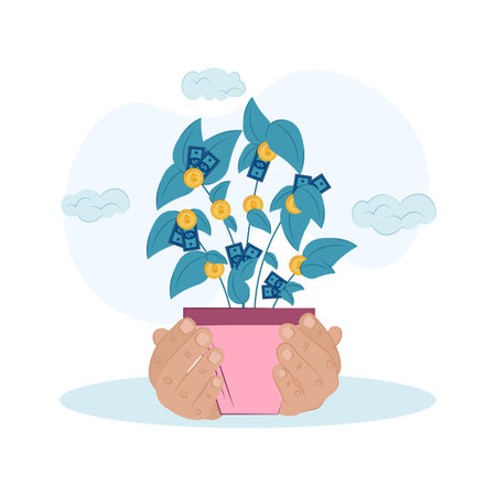Vector flat illustration of financial insurance. saving money and protecting bank deposit. protection, guarantees, financial savings insurance. Money tree in hands.のイラスト素材