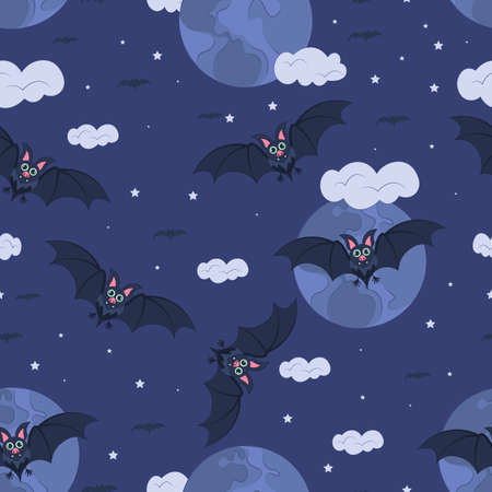 Seamless pattern Halloween bat. Vector flat illustration. wallpapers, textiles, banners design. Positive character. Children drawing. Festive theme - with bat.のイラスト素材