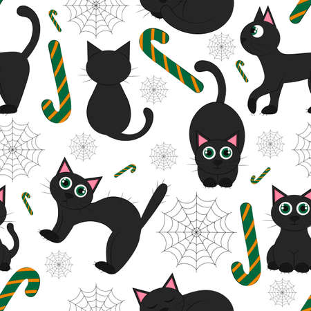 Seamless pattern Halloween black cat on a white background. Vector flat illustration. wallpapers, textiles, banners design. Festive theme - with cat.のイラスト素材