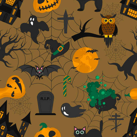 Seamless Halloween pattern with holiday symbols. Vector flat illustration. wallpapers, textiles, banners design. Bright cartoon template for Halloweenのイラスト素材
