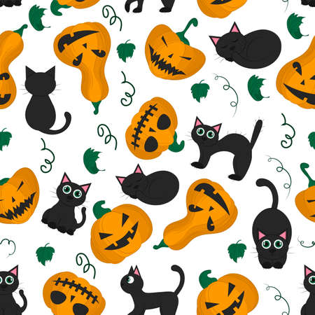 Seamless pattern Halloween pumpkin and black cat on a white background. Vector flat illustration. wallpapers, textiles, banners design. Festive theme - pumpkin with smile and cat.のイラスト素材