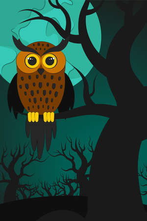 Halloween night background. Vector illustration for the October holiday, banner. Poster, invitation template for halloween party, web page. An owl sits on a tree at night.のイラスト素材
