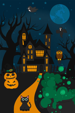 Halloween night background. Vector illustration for the October holiday, banner. Poster, invitation template for halloween party, web page.のイラスト素材