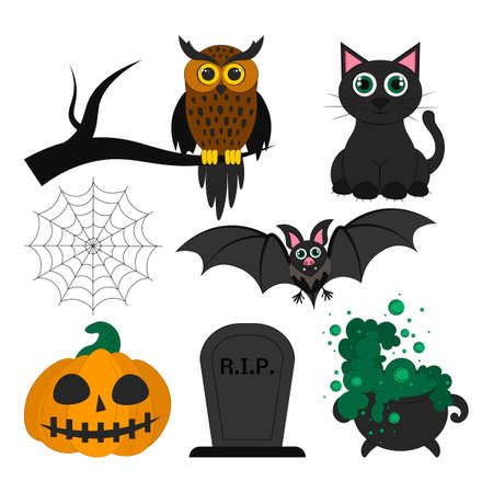 Set of objects for Halloween. Vector flat illustration. Holiday symbols. Isolated objects of an owl, bat, black cat, pumpkin with smile, spider web, cauldron with potion, and grave.のイラスト素材