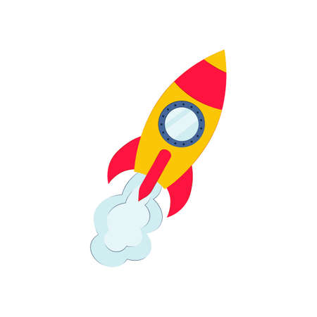 taking off rocket isolated on white background. Vector flat illustration. Spaceship icon. launch conceptのイラスト素材