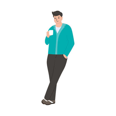 A man with a mug of coffee isolated on a white background. Vector flat illustration. Businessman drinking coffee, tea breakのイラスト素材