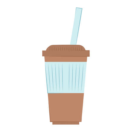 Paper cup with a straw for coffee isolated on a white background. Vector flat illustration. Brown plastic cup with a straw. Collection of packaging.のイラスト素材
