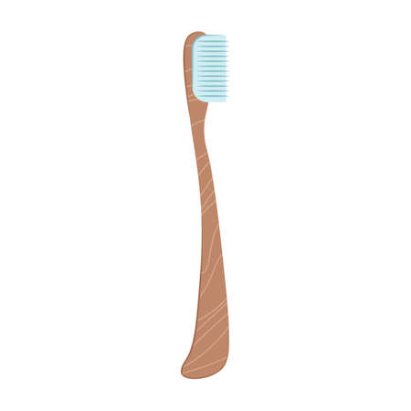 Wooden toothbrush one isolated on white background. Vector flat illustration. Bamboo toothbrush mockup, dental care and oral hygiene stomatological product. Zero waste.のイラスト素材