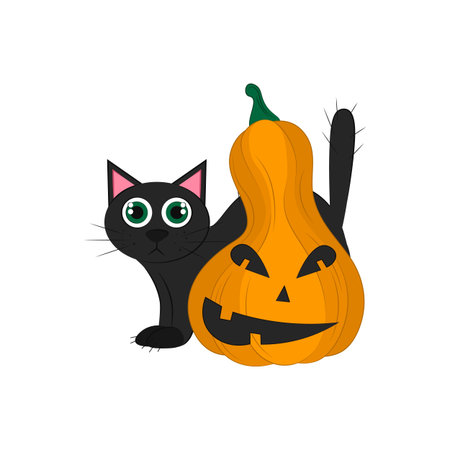 black cat with pumpkin isolated on a white background. object for Halloween. Vector flat illustration. Holiday symbols.のイラスト素材