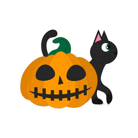 black cat with pumpkin isolated on a white background. object for Halloween. Vector flat illustration. Holiday symbols.のイラスト素材