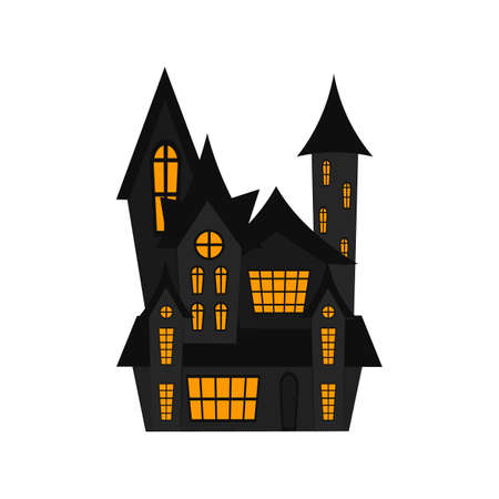 Creepy house isolated on white background. Halloween castle house. Vector flat illustration. Witch hut, vampire castle, haunted house, and cemetery chapel.のイラスト素材