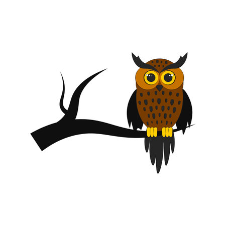 Halloween night. Vector illustration for the October holiday. Owl on a branch isolated on a white background.のイラスト素材