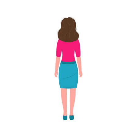 business woman isolated on white background. vector flat illustration. Back view. Happy young womanのイラスト素材