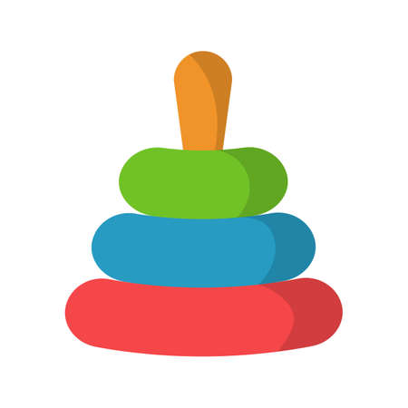 Rings pyramid toy. Single educational toddler toy. Vector flat illustration. Children's toy isolated on a white background. Pyramid toy icon, rainbow circles. Fine motor developmentのイラスト素材