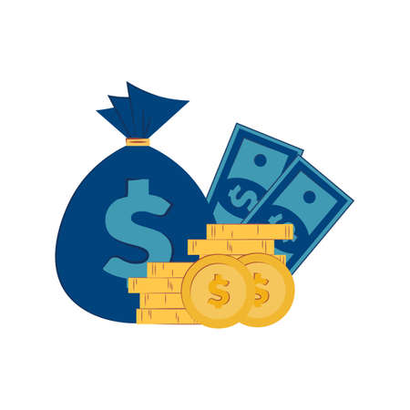 money isolated on white background. Vector flat illustration. Money bag flat illustration. Wealth and banking icon. Gold coins and dollarsのイラスト素材