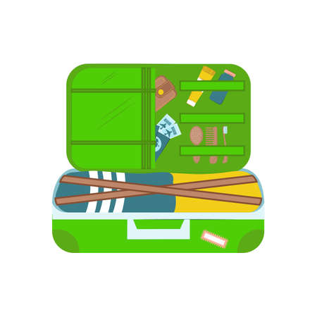 Open travel suitcase with things isolated on white background. A set of things for travel. Vector flat illustration. Time to travel.のイラスト素材
