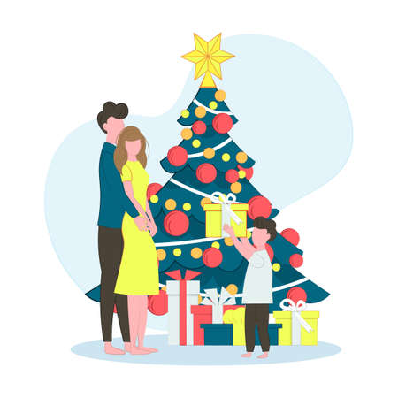 family decorates the Christmas tree. Vector illustration. flat style. Happy family are preparing for the holiday. Star, Christmas balls, light bulbs on the tree. New Year elements for decoration.のイラスト素材