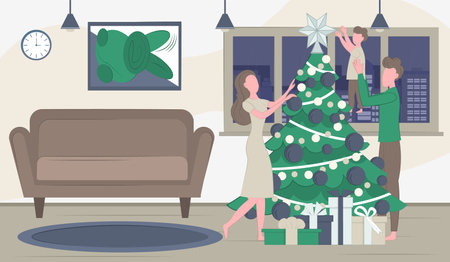 family decorates the Christmas tree. Vector illustration. flat style. Happy family are preparing for the holiday. Star, Christmas balls, light bulbs on the tree. New Year elements for decoration.のイラスト素材