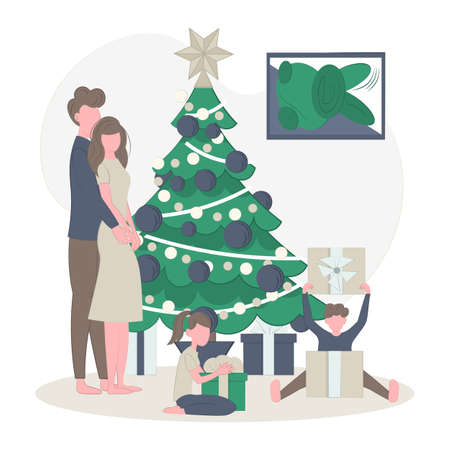 Children open Christmas presents. Cozy family New Year evening. Vector flat illustration. Happy family on a holiday.のイラスト素材