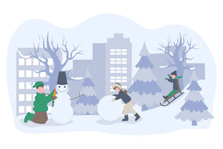 Snow outdoors kids. children playing in the snow, making snowman. Winter holidays. Active cheerful kid a sleigh rideのイラスト素材